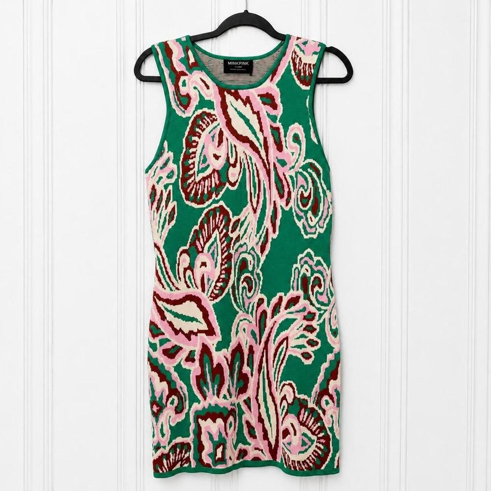NWT MINKPINK Paisley Knit Sleeveless Tank Dress X-Large Green Pink Red White